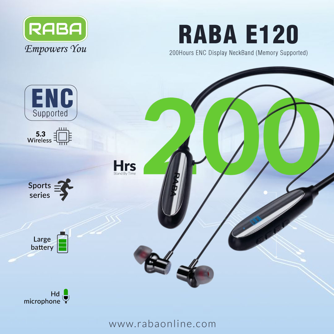 RABA E120 200Hours ENC Display NeckBand (Memory Supported)