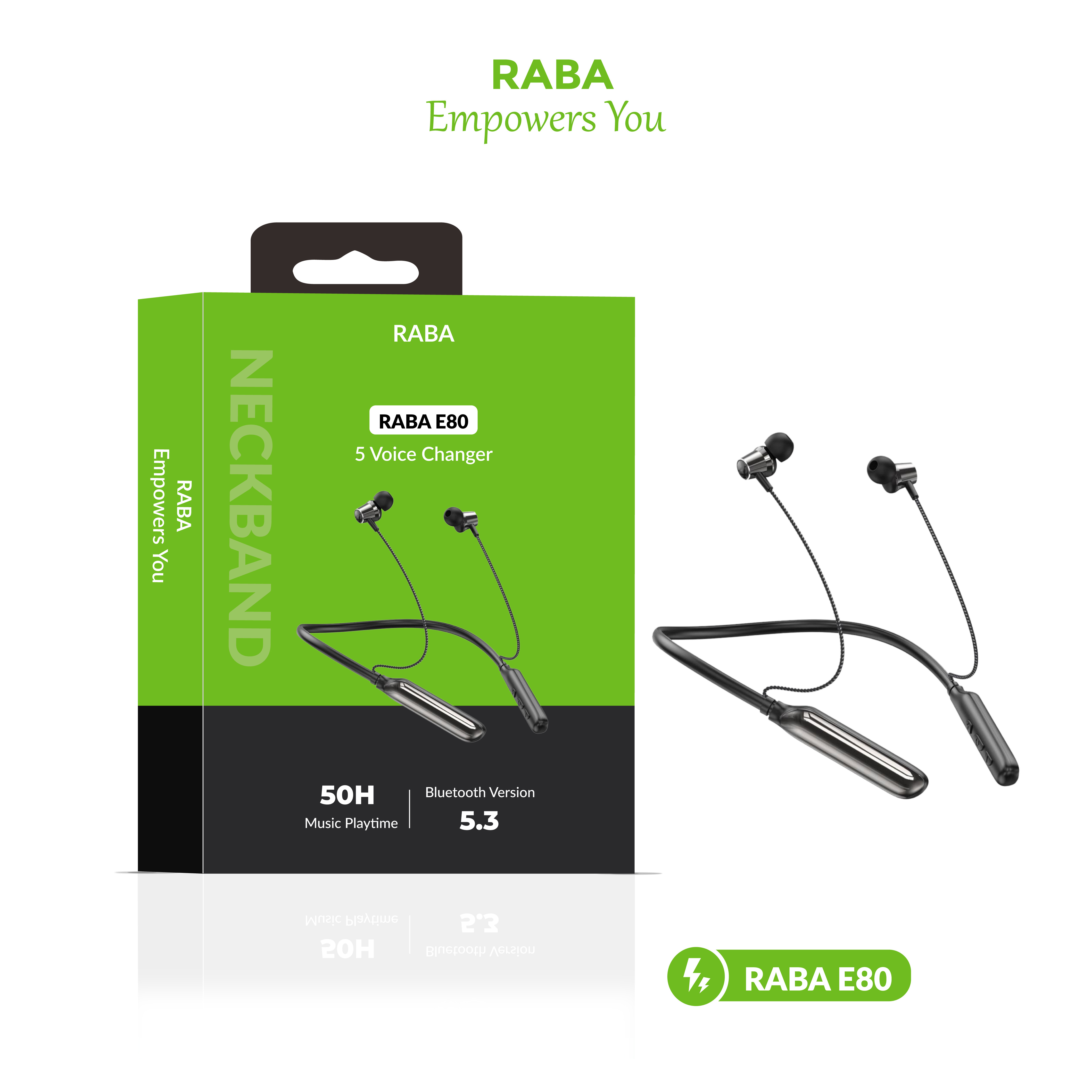 RABA E80 Neckband Bluetooth Earphones with 5 Voice Changer Modes